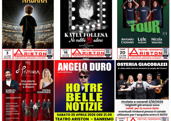 Teatro Ariston di Sanremo, aprile 2026 tra comicità, sport-spettacolo e danza: da Pintus ad Angelo Duro